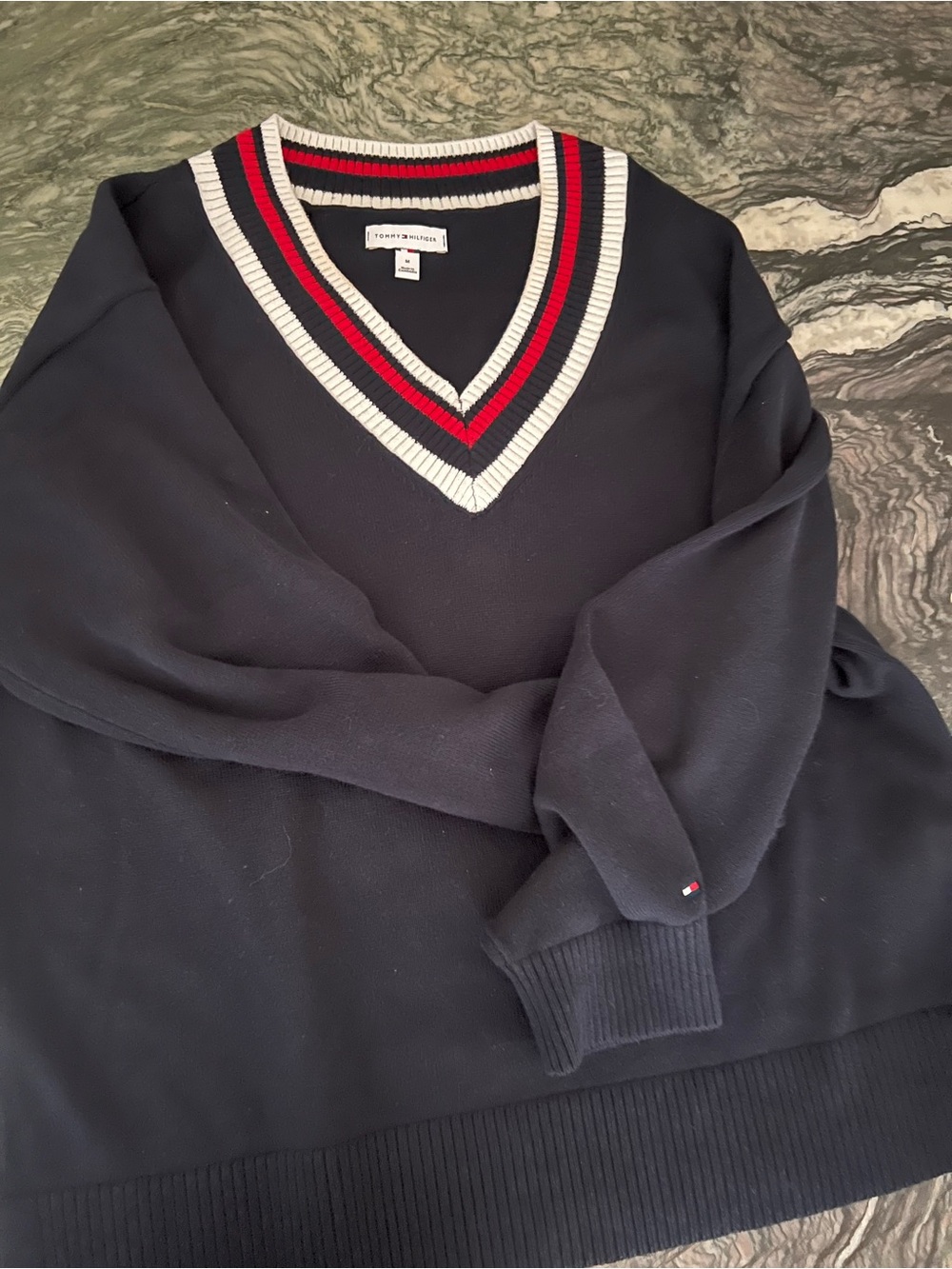 Tommy Hilfiger women’s Navy V-Neck Stripe-Trim Sweater